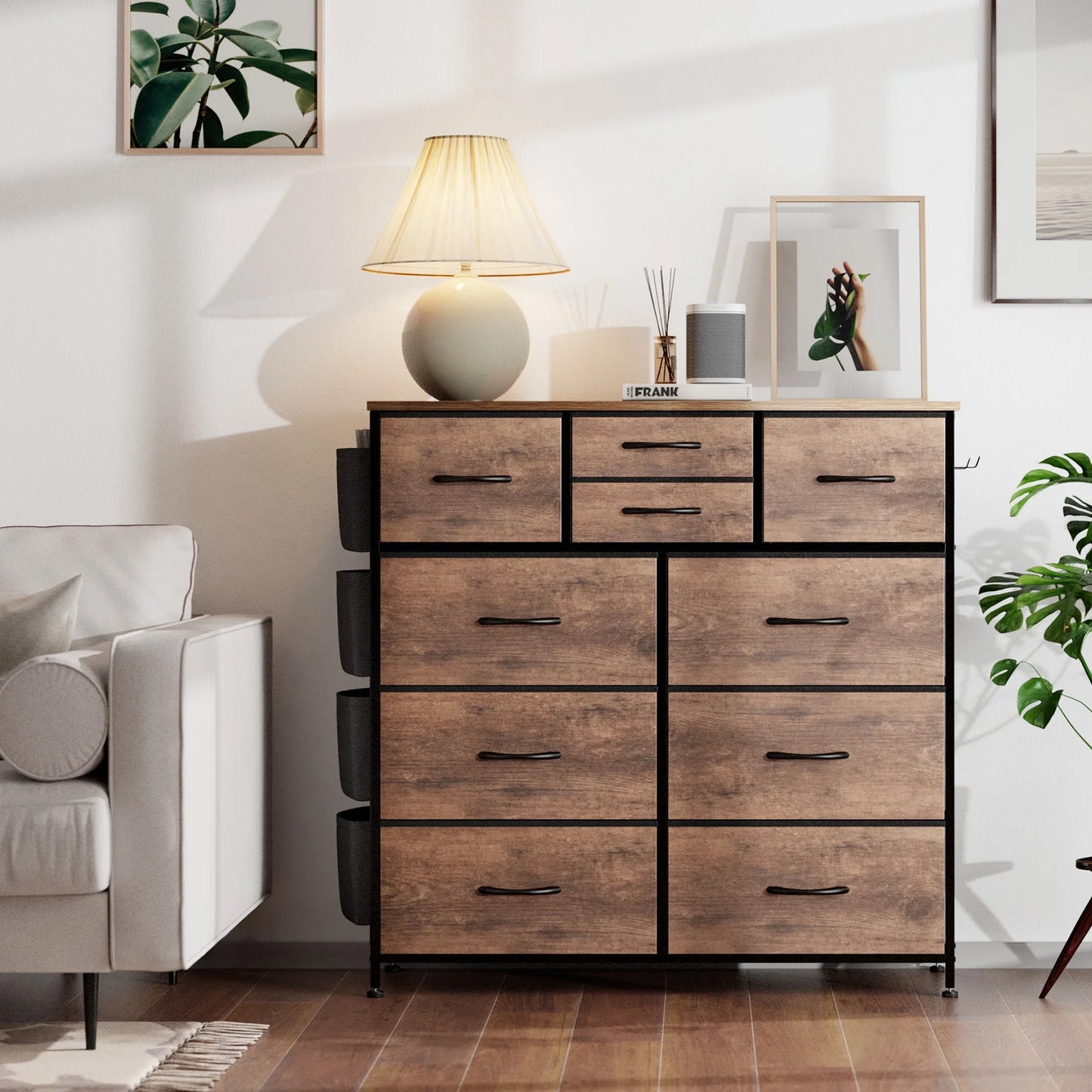 10 Drawer Dresser, Chest of Drawers for Bedroom Fabric Dressers with Side Pockets and Hooks, Brown