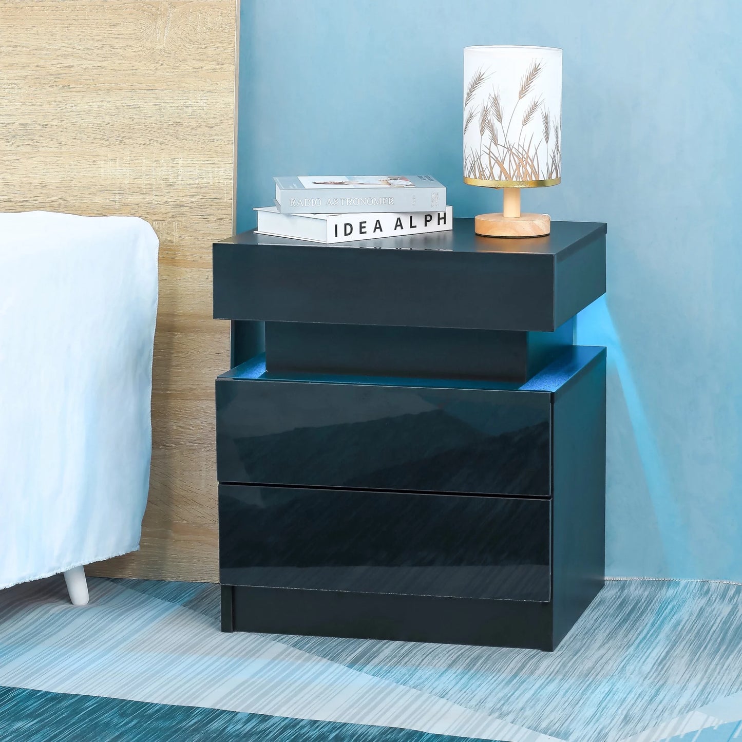 End Table with LED Lights, Storage Table with 2 Drawers, Black Side Table LED Conner Table Light, Modern End Side Table for Bedroom Living Room Office