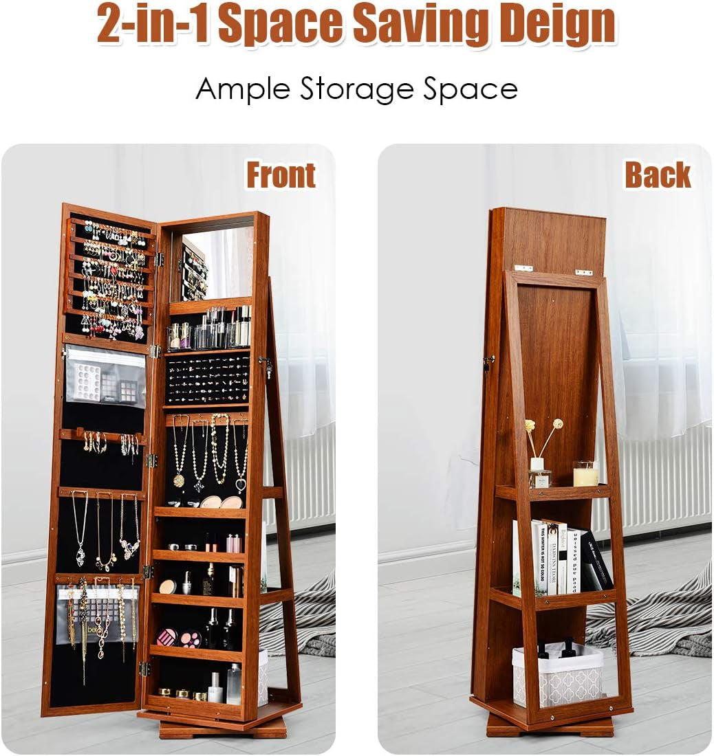 360° Swivel Jewelry Armoire with Higher Full Length Mirror, Standing Lockable Jewelry Cabinet Organizer with Large Storage Capacity, inside Makeup Mirror, Rear Storage Shelves (Walnut)