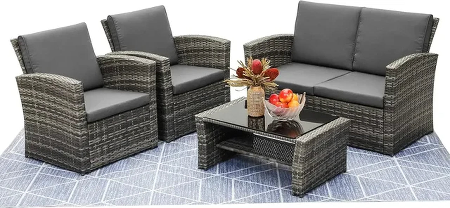4 Piece Outdoor Patio Furniture Sets, Rattan Sofa Chair with Cushion for Backyard Lawn Garden (Brown)