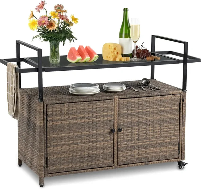 Wicker Outdoor Bar Cart - Gradient Patio Console Storage Table Buffet Cabinet Serving Kitchen Cart with Wheels for Backyard