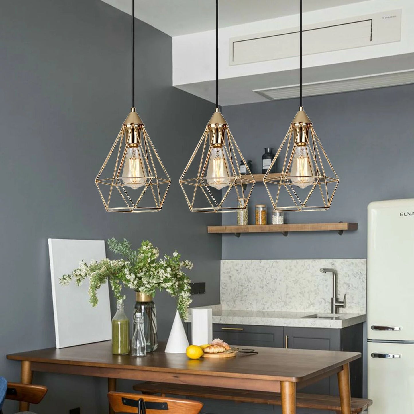Vintage Industrial Chandelier Champagne Gold Metal 60W 3Xe26 Pendant Light Adjustable Hanging Lamp for Kitchen