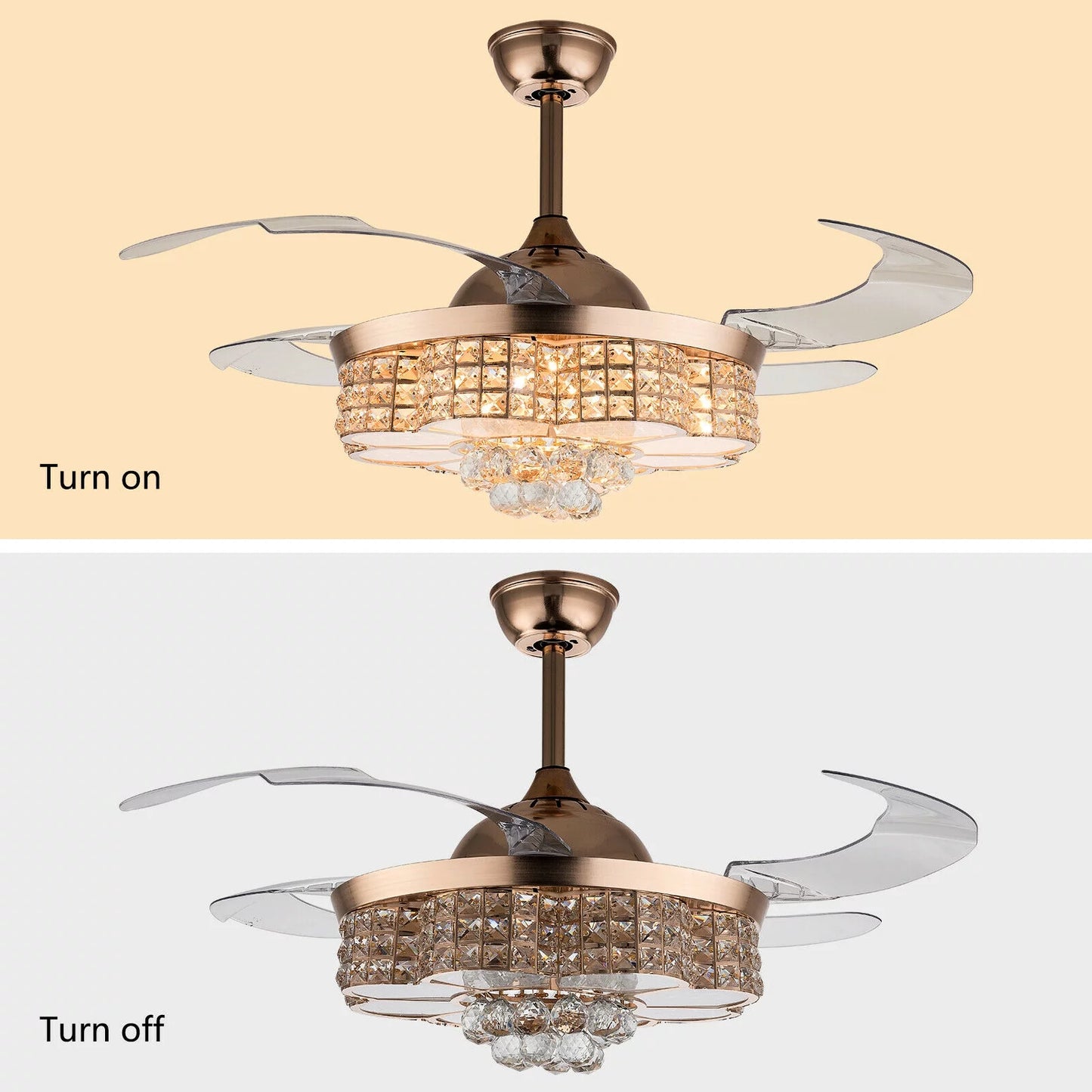 42" Crystal Ceiling Fan with Light, LED Dimmable Gold 3-Color 3-Speed Retractable Pendant Fan Lamp W/Remote