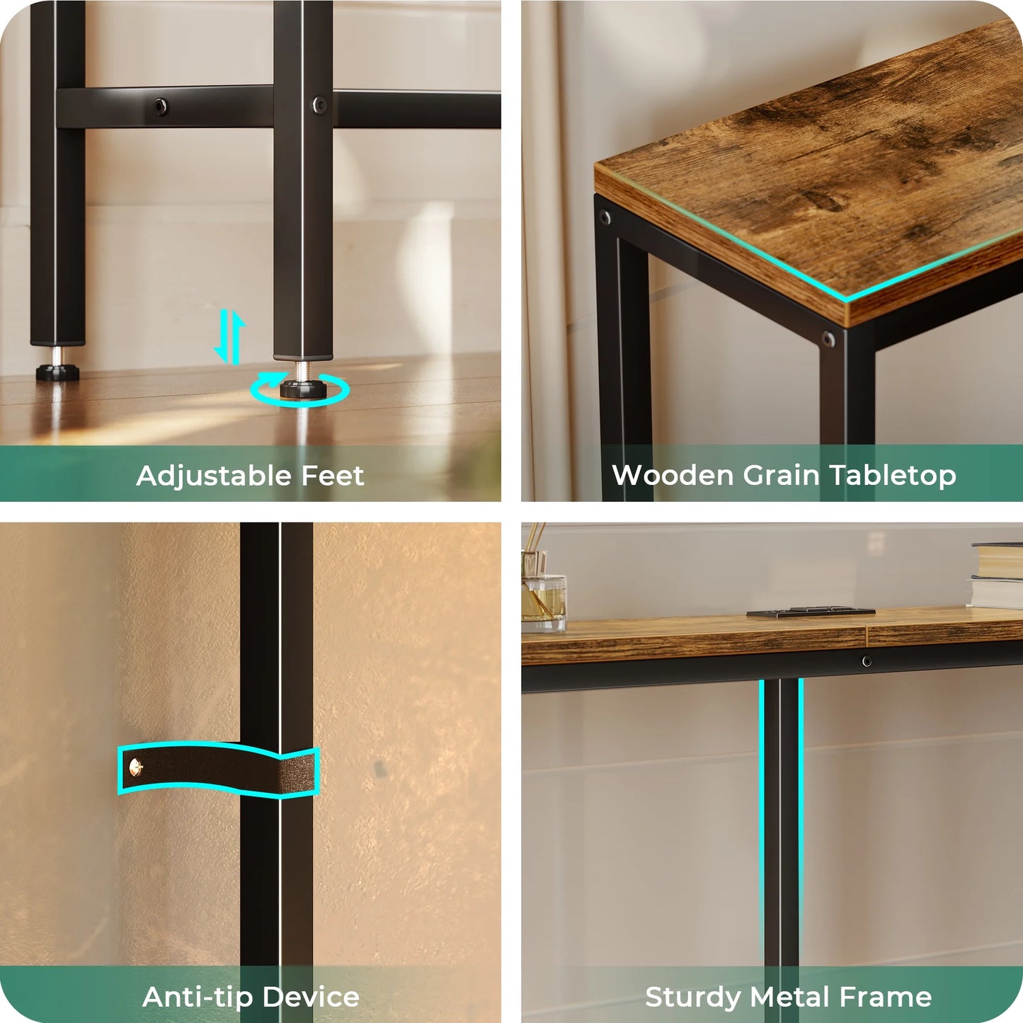 70" Console Table Sofa Table with Charging Station, Narrow Entryway Table, Wood Hallway Table, behind Couch Table, Metal Frame, Retro Brown