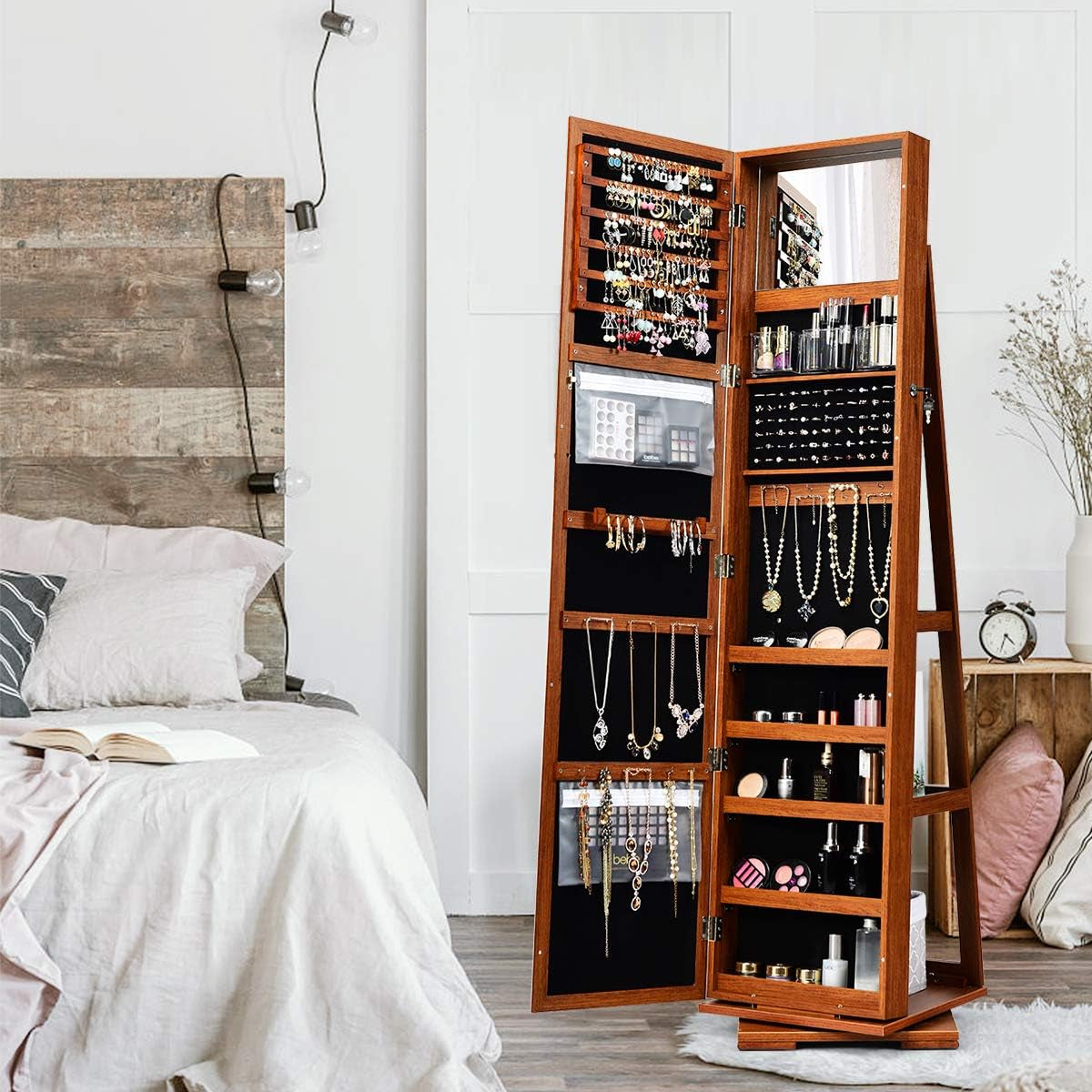 360° Swivel Jewelry Armoire with Higher Full Length Mirror, Standing Lockable Jewelry Cabinet Organizer with Large Storage Capacity, inside Makeup Mirror, Rear Storage Shelves (Walnut)