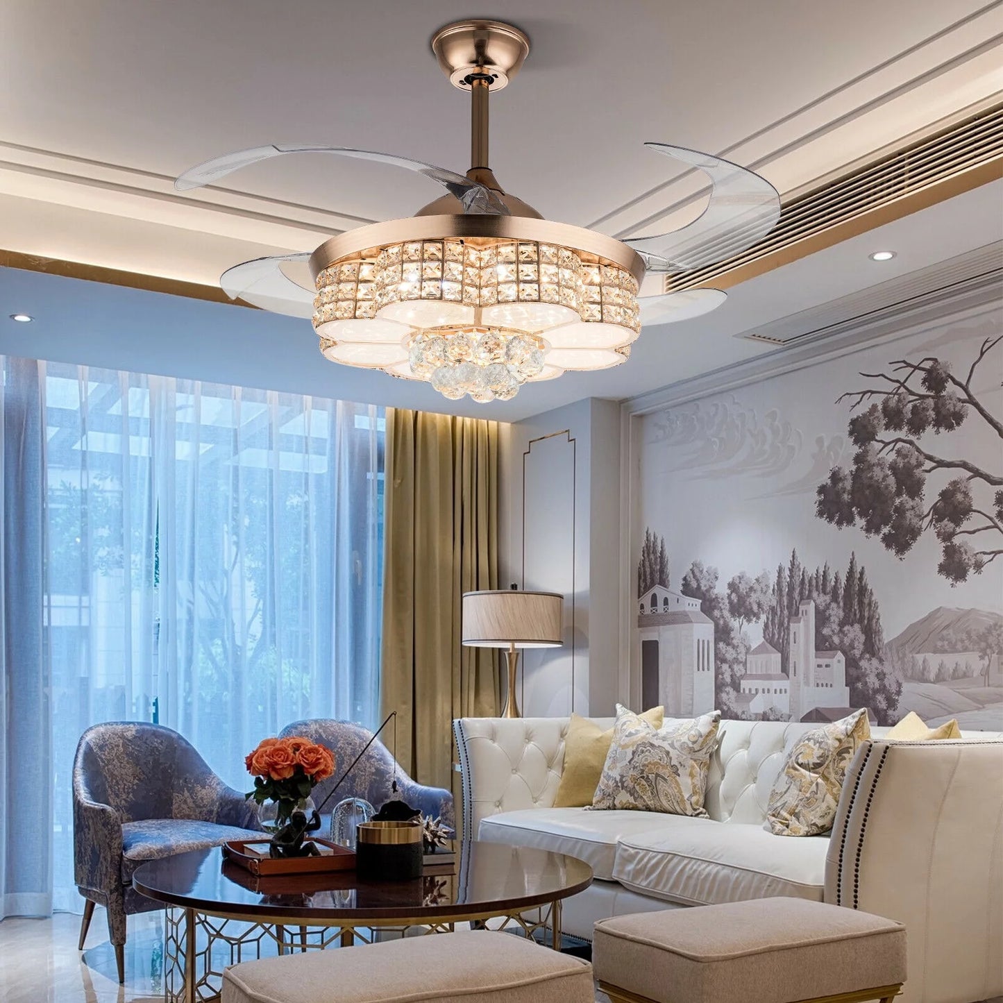 42" Crystal Ceiling Fan with Light, LED Dimmable Gold 3-Color 3-Speed Retractable Pendant Fan Lamp W/Remote
