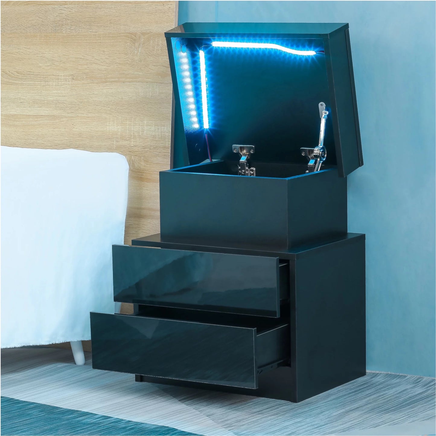 End Table with LED Lights, Storage Table with 2 Drawers, Black Side Table LED Conner Table Light, Modern End Side Table for Bedroom Living Room Office
