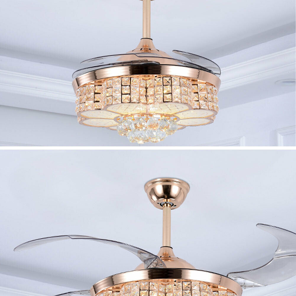 42" Crystal Ceiling Fan with Light, LED Dimmable Gold 3-Color 3-Speed Retractable Pendant Fan Lamp W/Remote