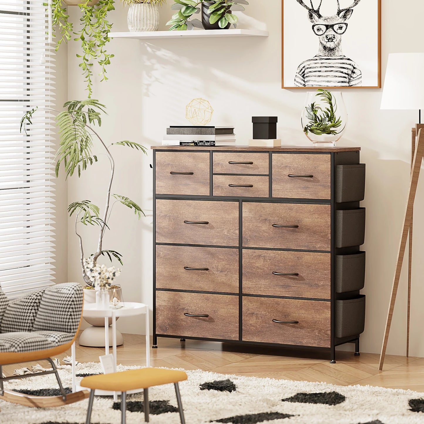10 Drawer Dresser, Chest of Drawers for Bedroom Fabric Dressers with Side Pockets and Hooks, Brown