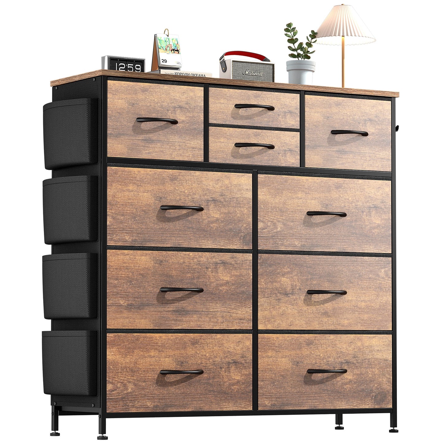 10 Drawer Dresser, Chest of Drawers for Bedroom Fabric Dressers with Side Pockets and Hooks, Brown