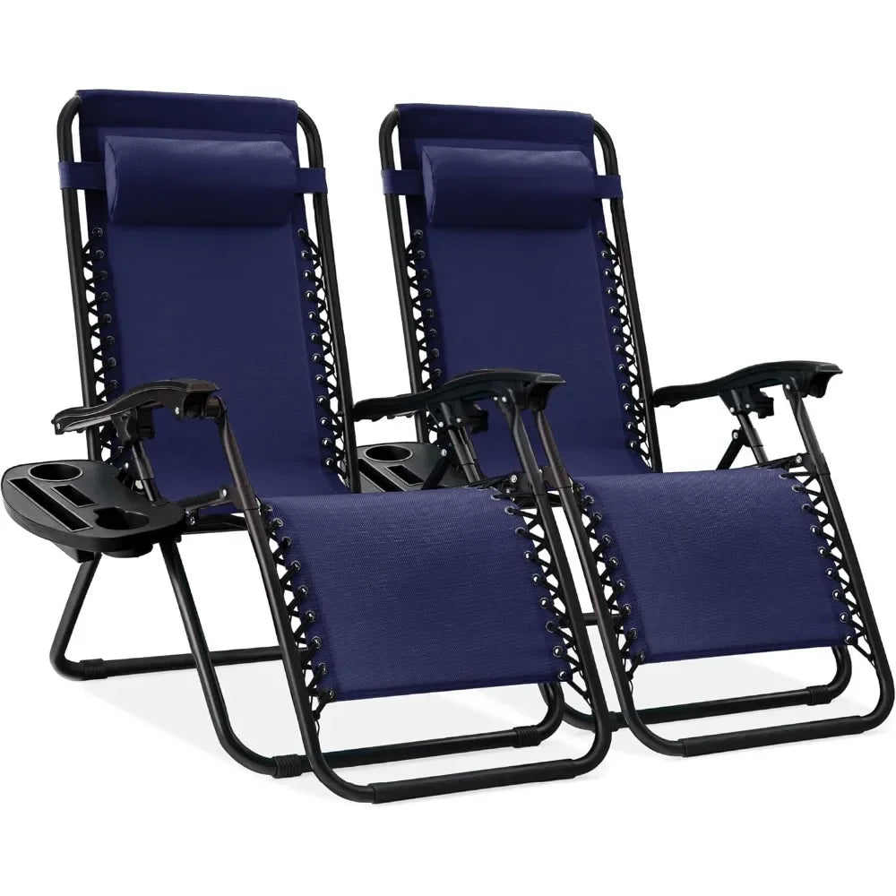 Set of 2 Adjustable Steel Mesh Zero Gravity Lounge Chair Recliners W/Pillows and Cup Holder Trays, Outdoor Lounge Chair