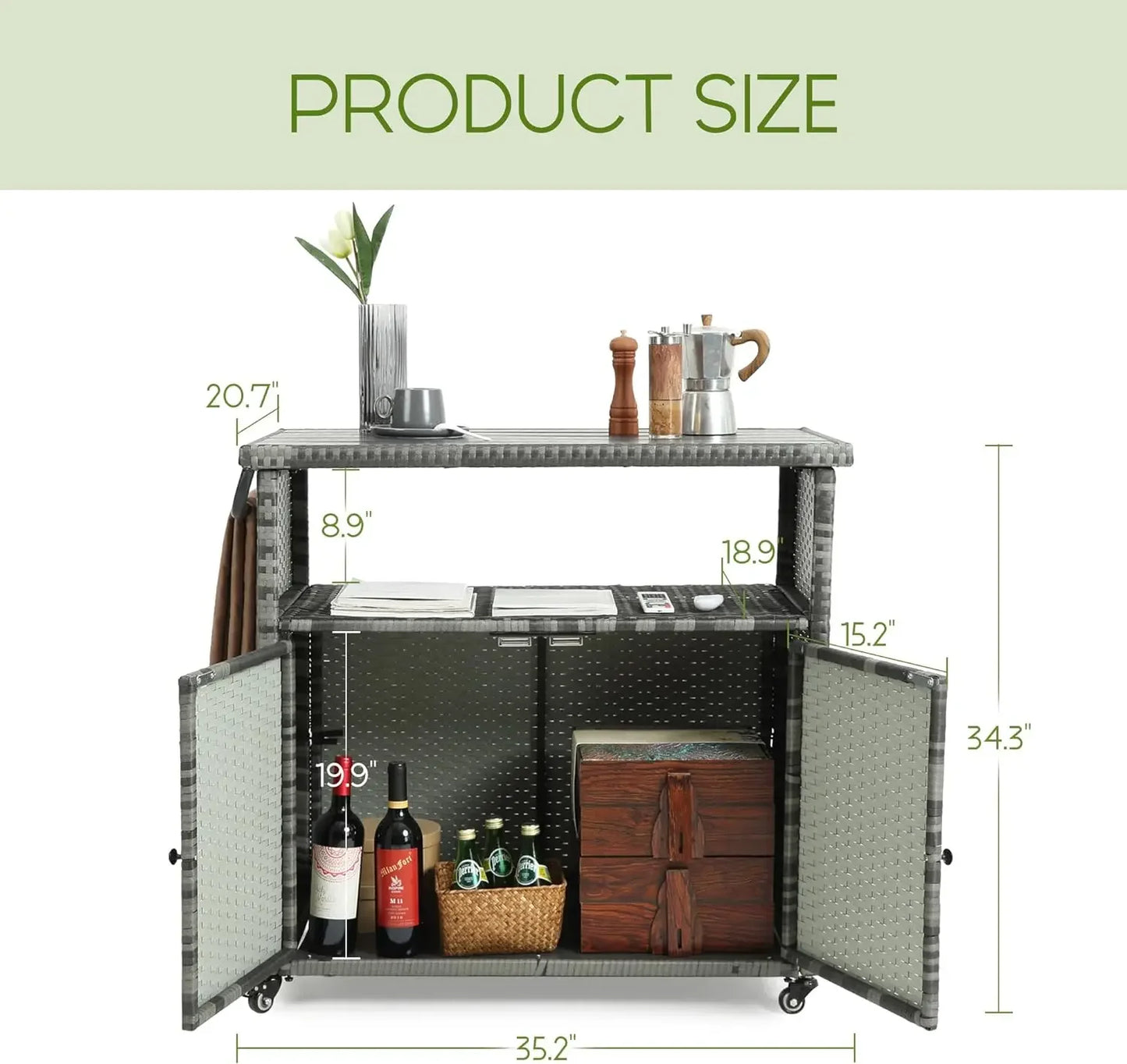 Wicker Outdoor Bar Cart - Gradient Patio Console Storage Table Buffet Cabinet Serving Kitchen Cart with Wheels for Backyard