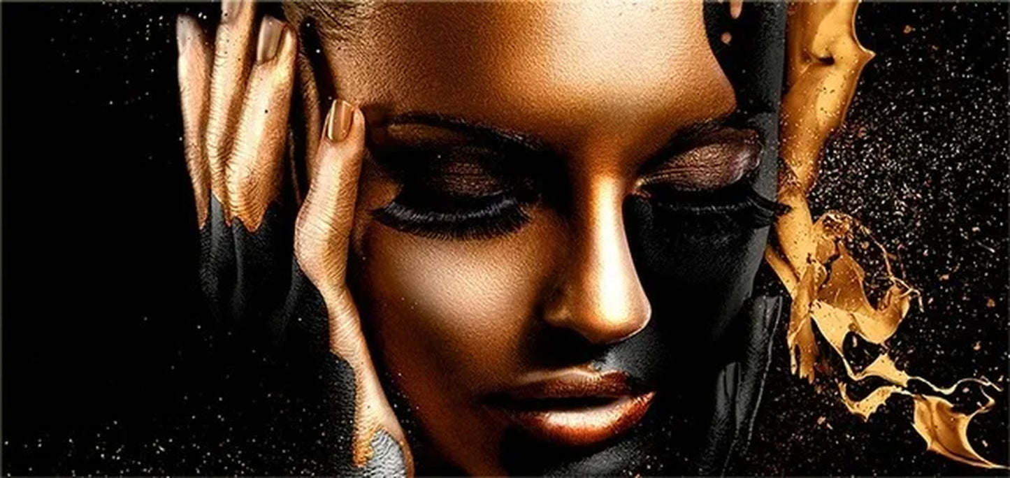 Black Women Face with Golden Liquid Canvas Poster Large Size Modern Wall Art Canvas Pictures for Modern Living Room Home Decor