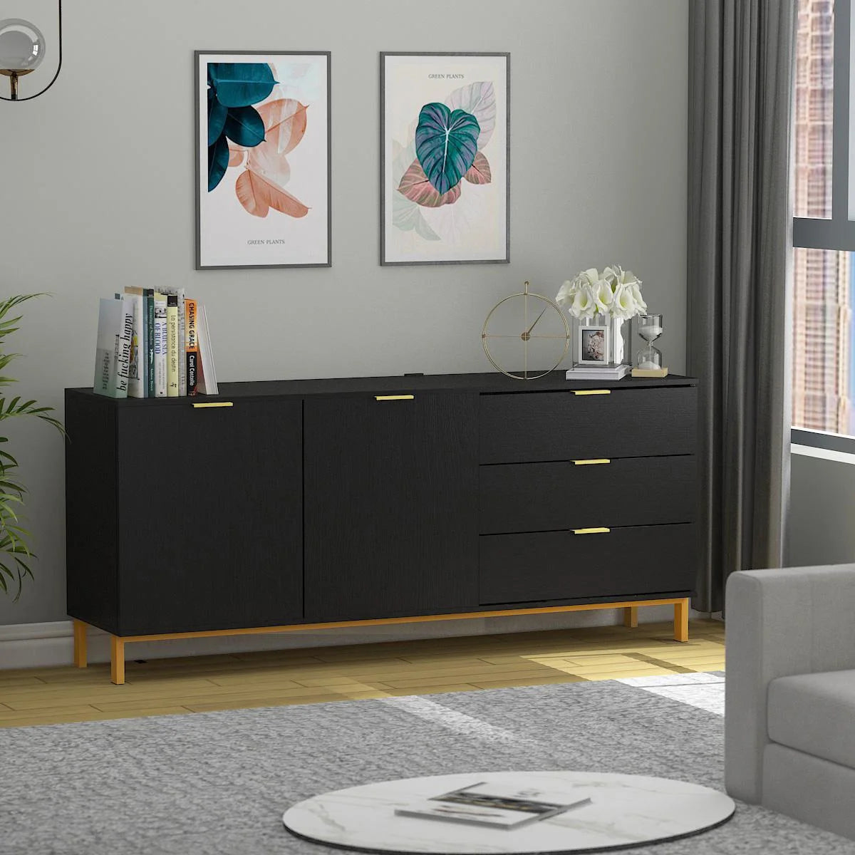 Console Table with Storage and Drawers, Modern Wood Entryway Console Table with 2 Cabinet Doors, Black