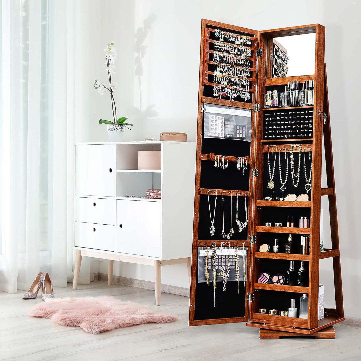 360° Swivel Jewelry Armoire with Higher Full Length Mirror, Standing Lockable Jewelry Cabinet Organizer with Large Storage Capacity, inside Makeup Mirror, Rear Storage Shelves (Walnut)