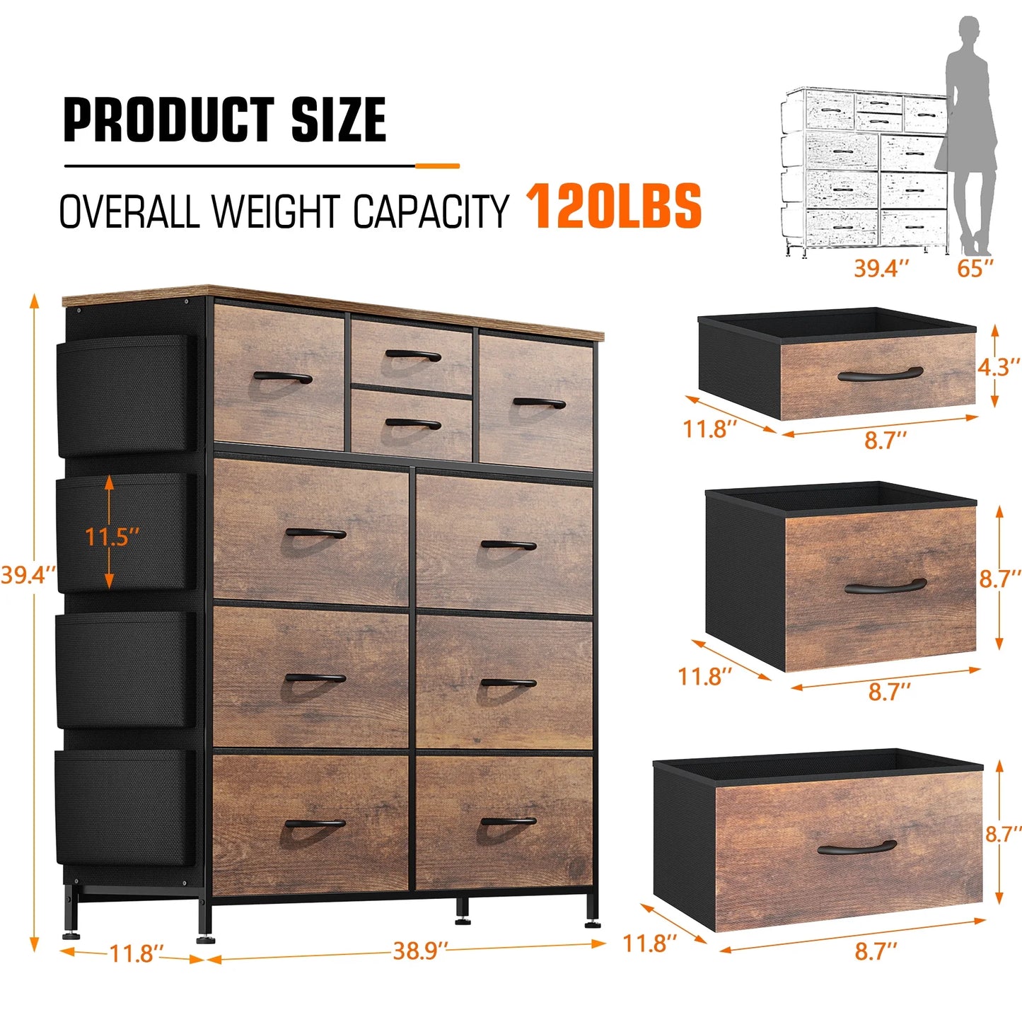 10 Drawer Dresser, Chest of Drawers for Bedroom Fabric Dressers with Side Pockets and Hooks, Brown