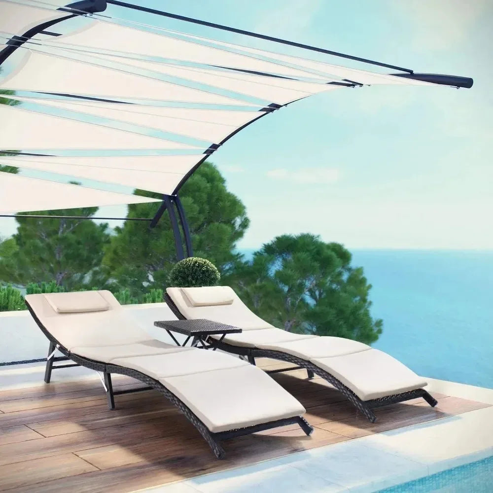 Outdoor Chaise Lounge Chair, 3 Pieces Chaises Set with Folding Table Poolside Rattan Reclining , Outdoor Chaise Lounge Chair