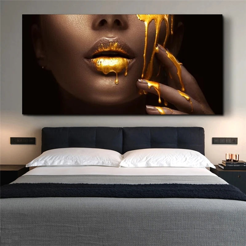 Black Women Face with Golden Liquid Canvas Poster Large Size Modern Wall Art Canvas Pictures for Modern Living Room Home Decor