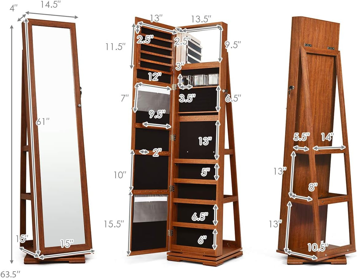 360° Swivel Jewelry Armoire with Higher Full Length Mirror, Standing Lockable Jewelry Cabinet Organizer with Large Storage Capacity, inside Makeup Mirror, Rear Storage Shelves (Walnut)