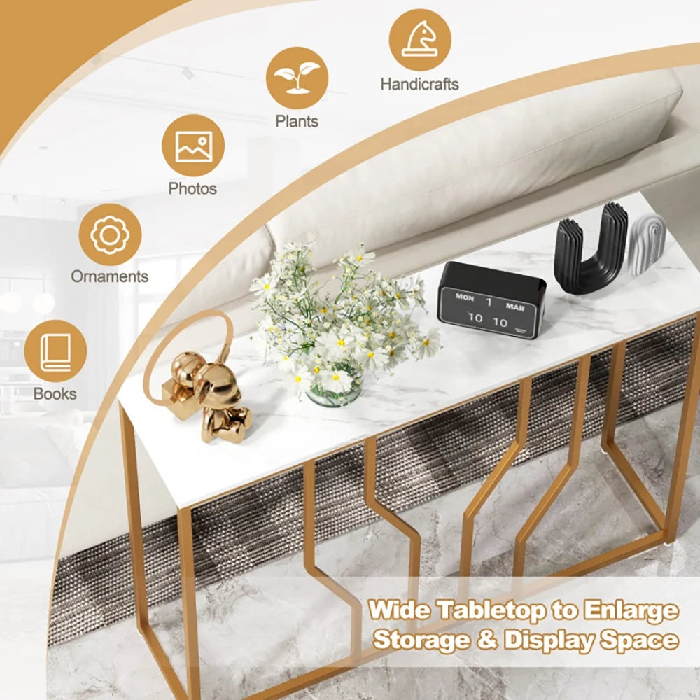 Console Table, Sofa Table, Narrow Entryway Table,44 Inch Modern White Entryway Table with Faux Marble Tabletop-White