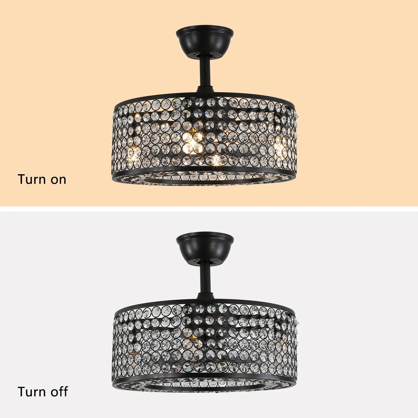 18" Caged Crystal Ceiling Fan Light Modern Enclosed Invisible Chandelier 7 Blades 3 Speed Remote Pendant Lamp 4Xe14
