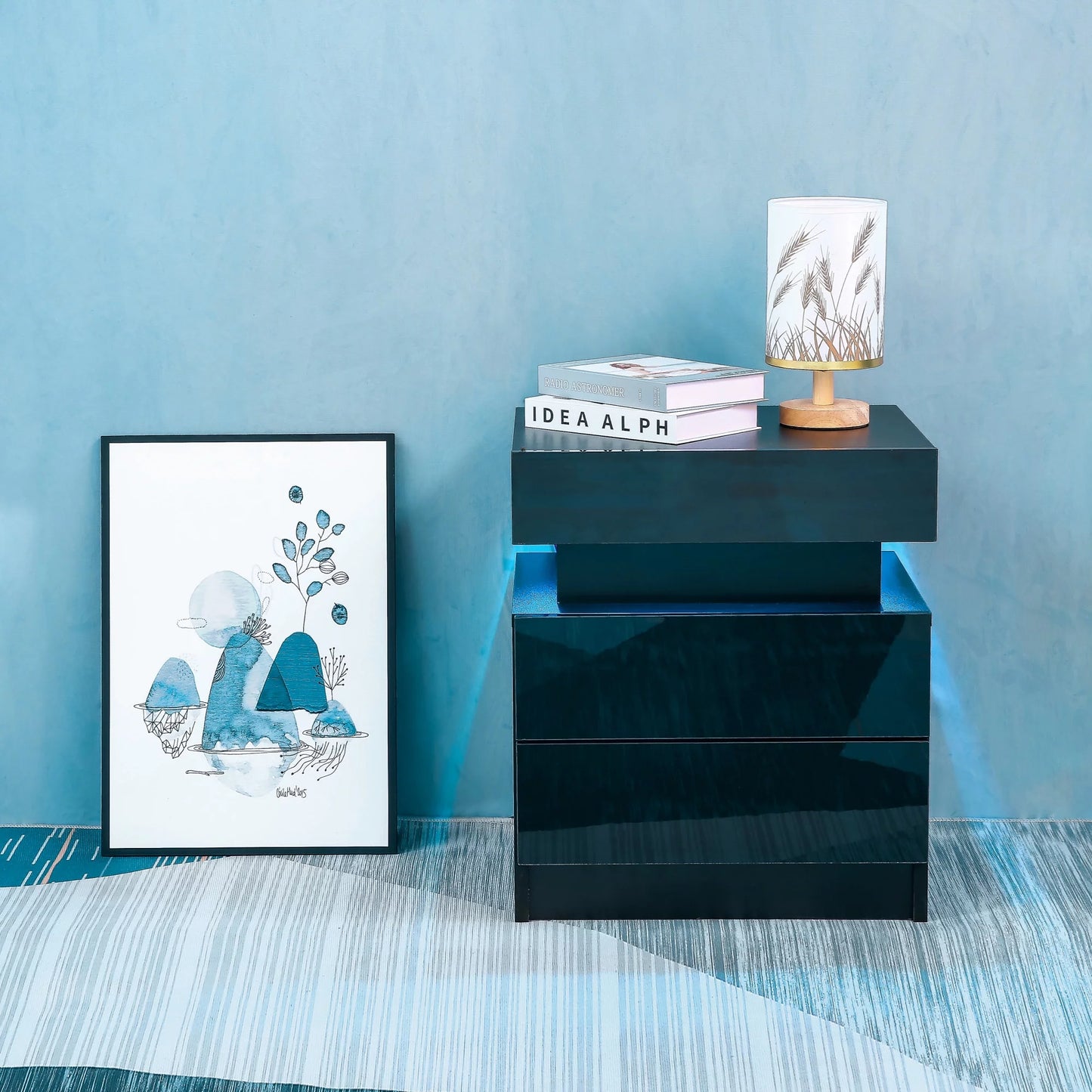 End Table with LED Lights, Storage Table with 2 Drawers, Black Side Table LED Conner Table Light, Modern End Side Table for Bedroom Living Room Office