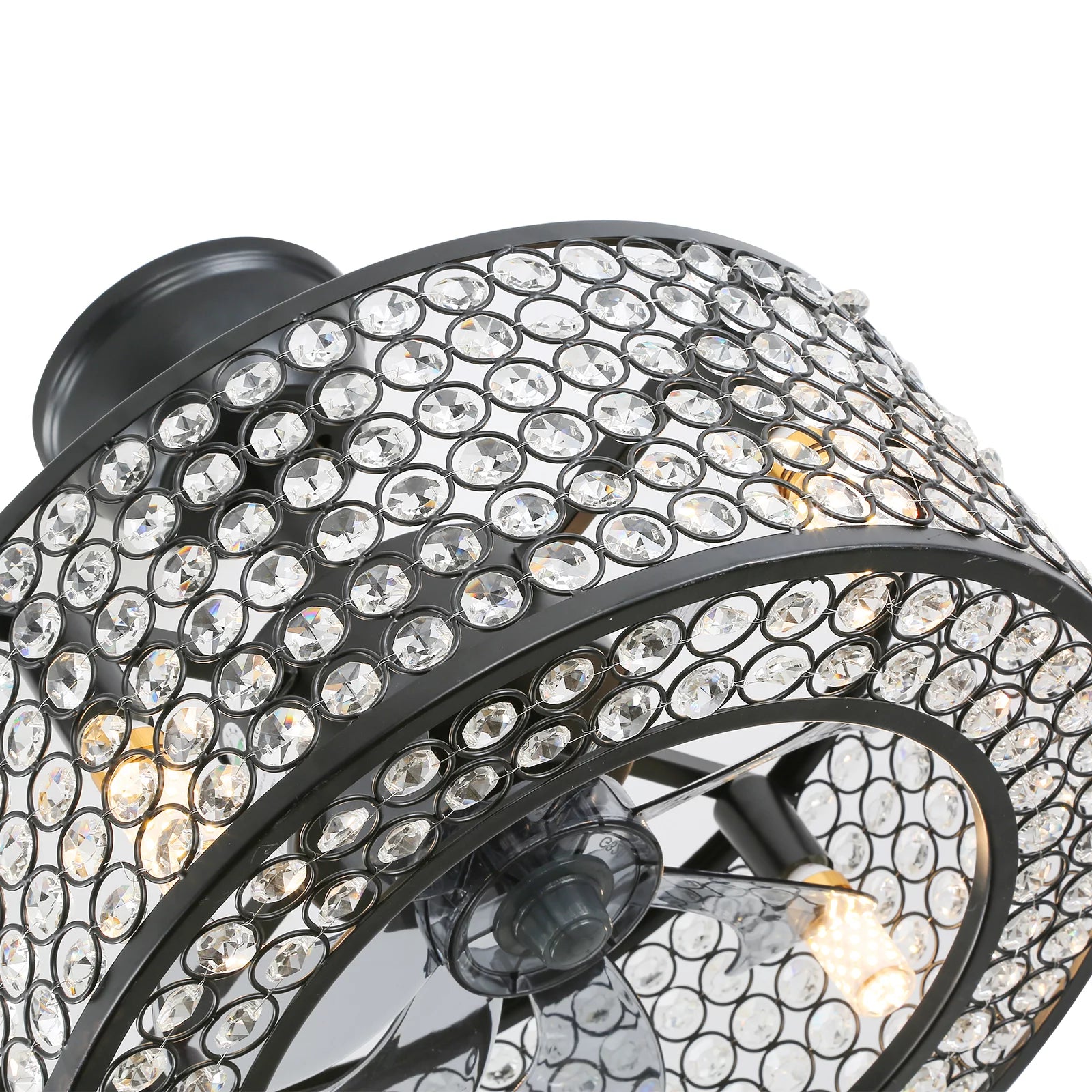 18" Caged Crystal Ceiling Fan Light Modern Enclosed Invisible Chandelier 7 Blades 3 Speed Remote Pendant Lamp 4Xe14