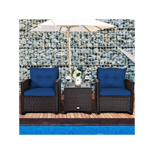 Patio Furniture Outdoor Set PE Rattan Wicker 3 Pcs Outdoor Sofa Set W/Washable Cushion and Tempered Glass Tabletop Camp Table