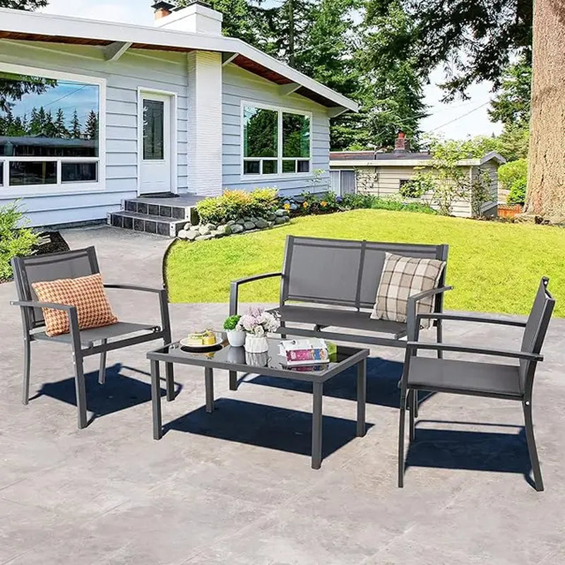 4 Pieces Patio Furniture Set All Weather Textile Fabric Outdoor,Glass Coffee Table,2 Single Chairs Black Garden Furniture Sets
