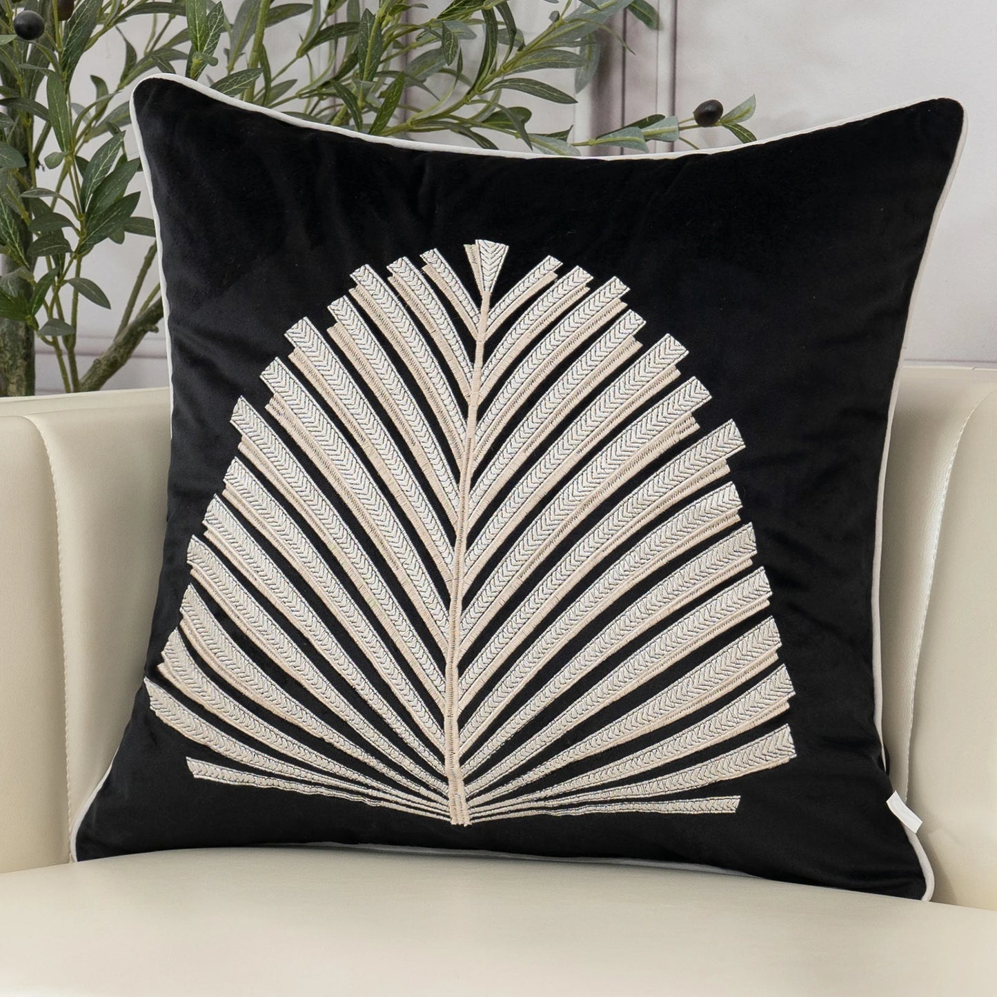Luxury Modern Tree Leaves Embroidery Velvet Cushion Cover 
