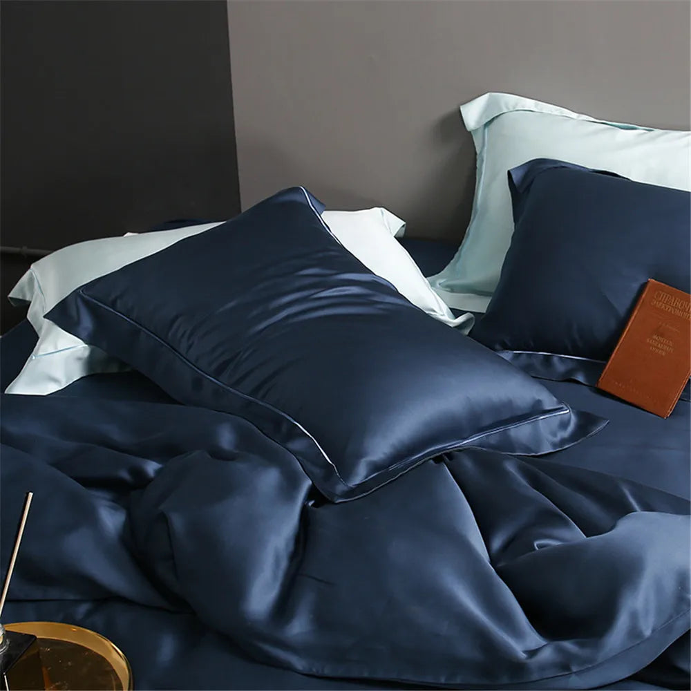 Noble Dark Blue 100% Silk Bedding Set Double Queen King Duvet Cover Flat Sheet Bed Linen Pillowcase for Sleep Gift