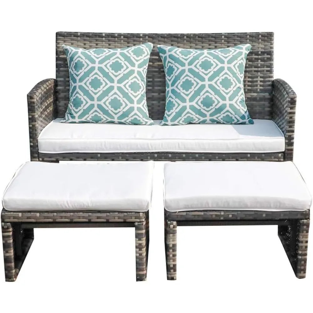 Outdoor Loveseat Patio Furniture Rattan Conversation Set with Ottoman,White Cushions,Grey Wicker, Outdoor Furniture
