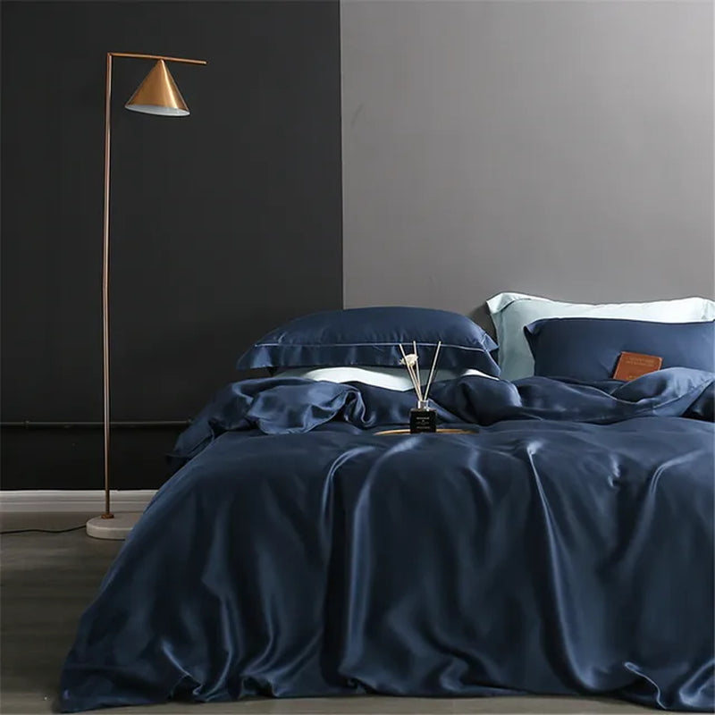 Noble Dark Blue 100% Silk Bedding Set Double Queen King Duvet Cover Flat Sheet Bed Linen Pillowcase for Sleep Gift