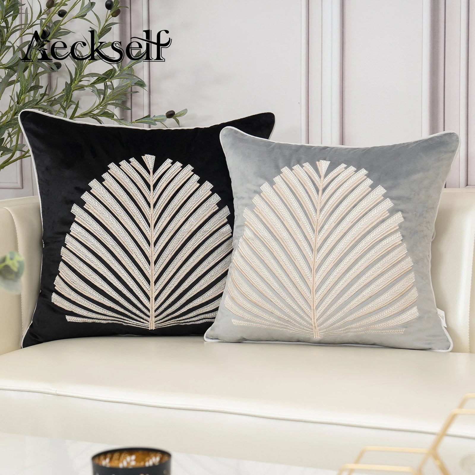 Luxury Modern Tree Leaves Embroidery Velvet Cushion Cover 