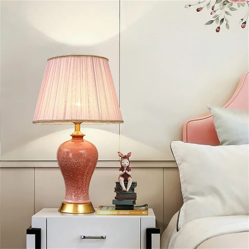 Ceramic Table Lamps Pink Luxury Copper Desk Light Fabric for Home Living Room Dining Room Bedroom Office