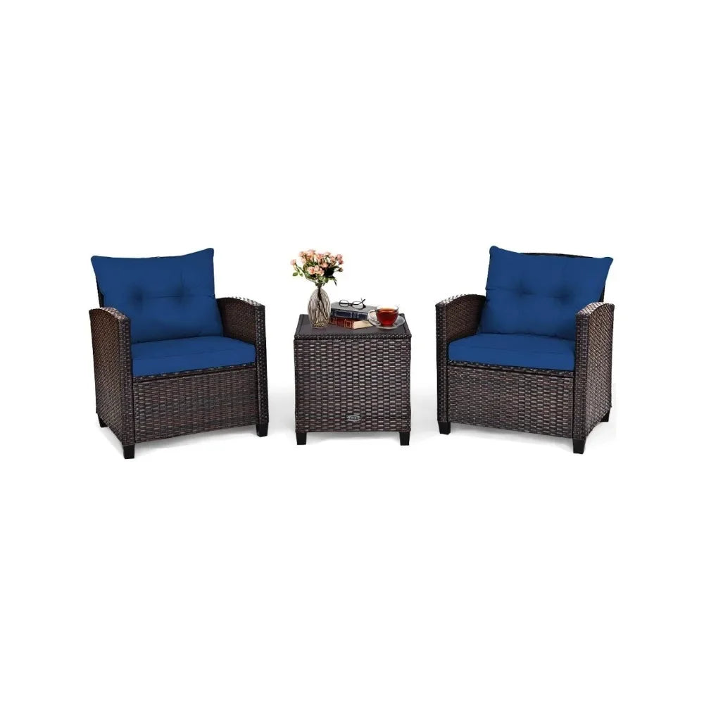 Patio Furniture Outdoor Set PE Rattan Wicker 3 Pcs Outdoor Sofa Set W/Washable Cushion and Tempered Glass Tabletop Camp Table