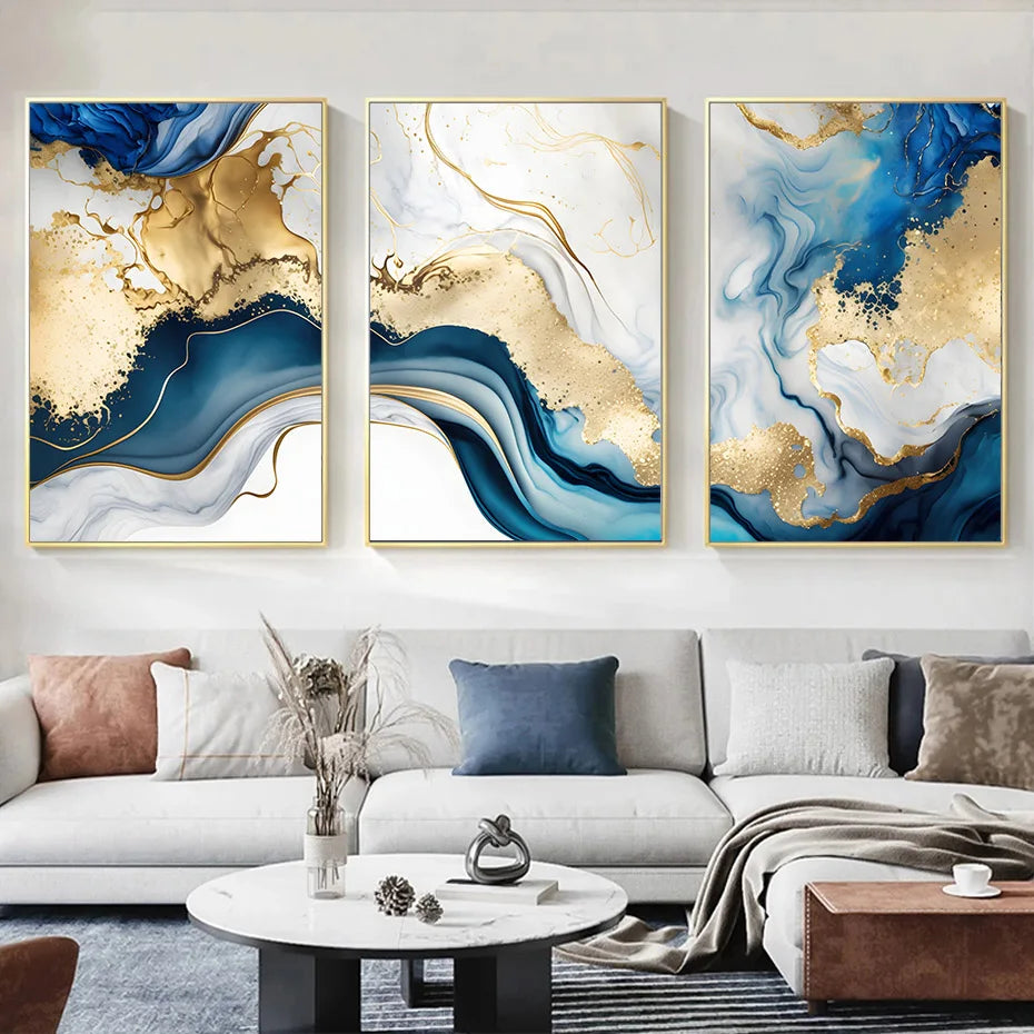 Modern Abstract Gold Blue Marble Wall Art Posters Canvas Painting Prints 