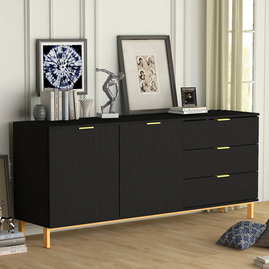 Console Table with Storage and Drawers, Modern Wood Entryway Console Table with 2 Cabinet Doors, Black