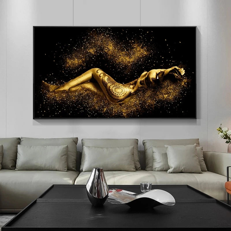 Black and Gold Abstract Sexy Nude Female Body Figure Oil Painting Picture Poster and Prints Living Room Wall Art Canvas Painting