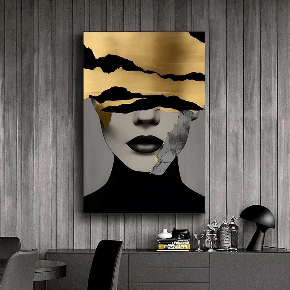Black Gold Woman Head Print Canvas Painting, Abstract Luxury Figure Poster Wall Art, for Home Living Room Store Decor, No Frame