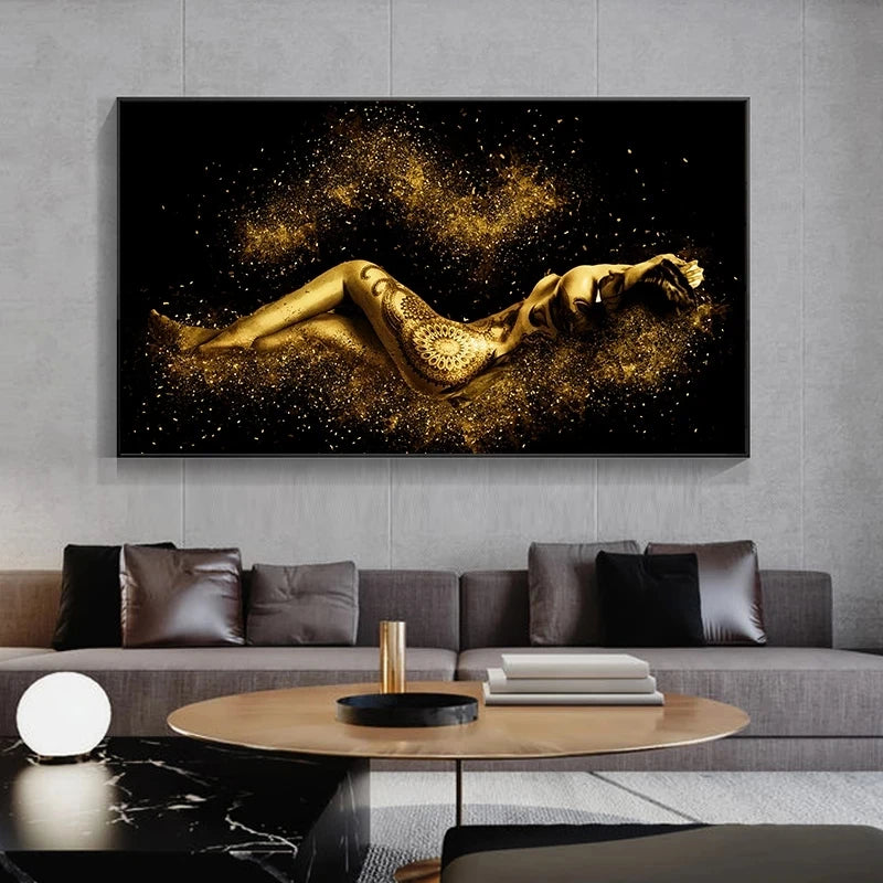 Black and Gold Abstract Sexy Nude Female Body Figure Oil Painting Picture Poster and Prints Living Room Wall Art Canvas Painting