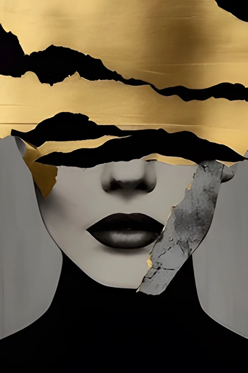 Black Gold Woman Head Print Canvas Painting, Abstract Luxury Figure Poster Wall Art, for Home Living Room Store Decor, No Frame