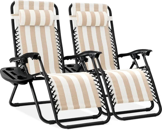 Set of 2 Adjustable Steel Mesh Zero Gravity Lounge Chair Recliners W/Pillows and Cup Holder Trays, Outdoor Lounge Chair