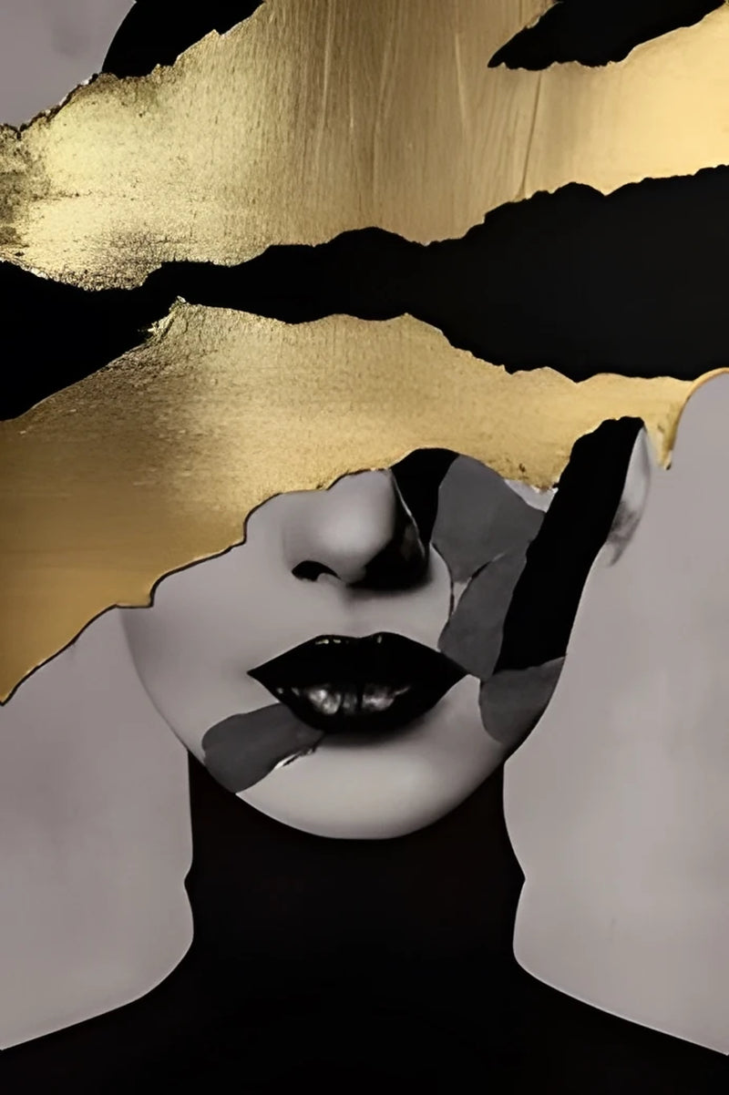 Black Gold Woman Head Print Canvas Painting, Abstract Luxury Figure Poster Wall Art, for Home Living Room Store Decor, No Frame