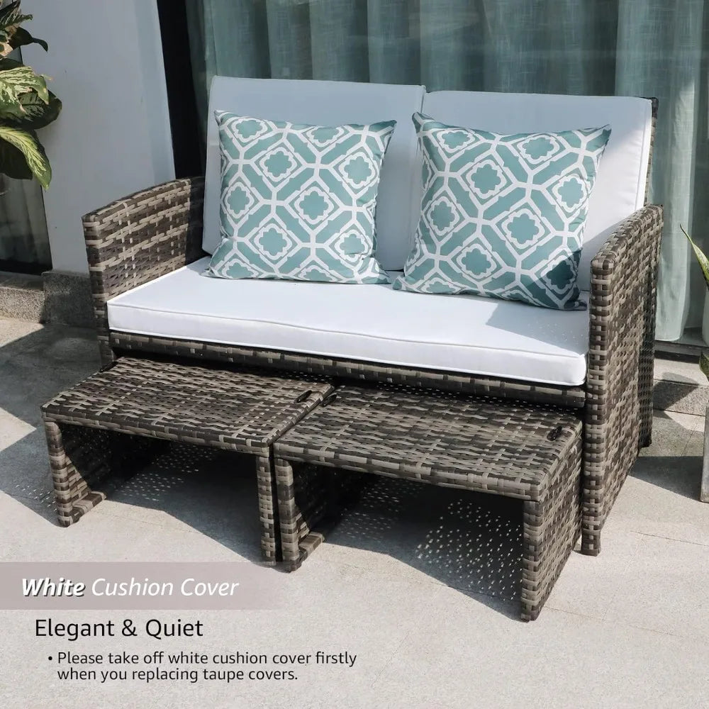 Outdoor Loveseat Patio Furniture Rattan Conversation Set with Ottoman,White Cushions,Grey Wicker, Outdoor Furniture
