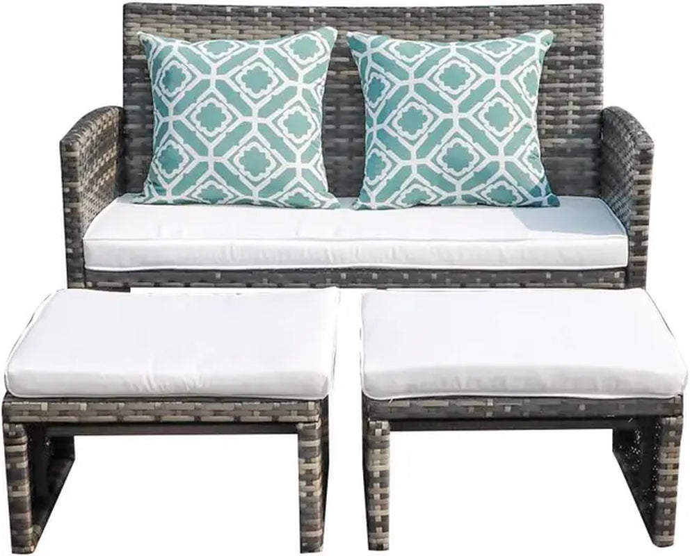 Outdoor Loveseat Patio Furniture Rattan Conversation Set with Ottoman,White Cushions,Grey Wicker, Outdoor Furniture