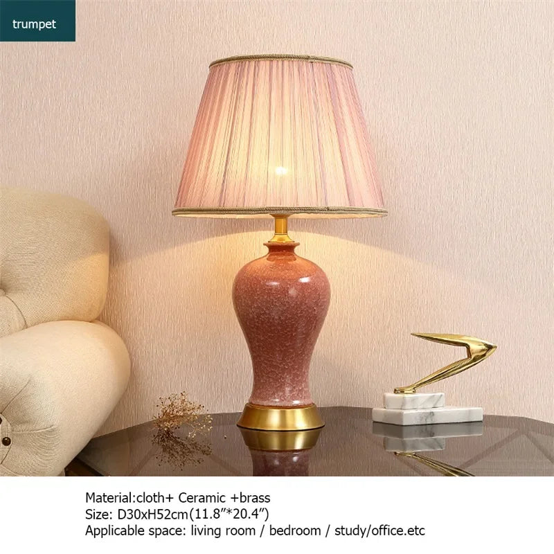 Ceramic Table Lamps Pink Luxury Copper Desk Light Fabric for Home Living Room Dining Room Bedroom Office