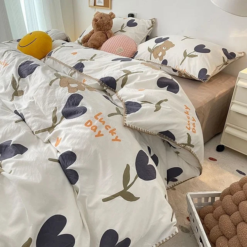 Bedding Set INS Girls Cherry Soft Washed Cotton Bed Sheet Queen King Size Duvet Set Comforter Set Pillowcase Bed Linens