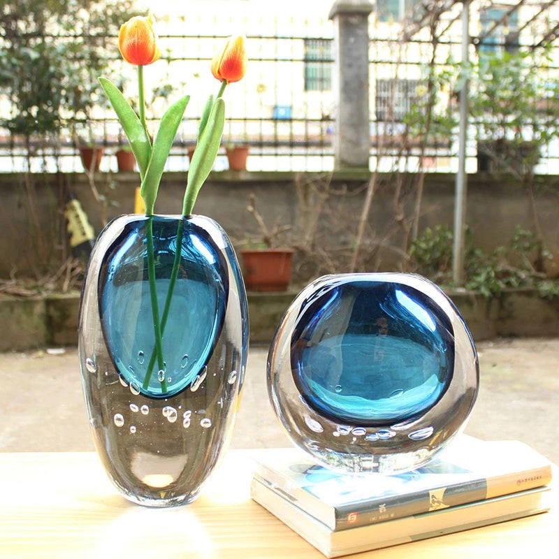 Blue Crystal Glass Vase Thick Glass Hydroponics Terrarium Flower Vase