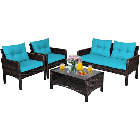 4 Piece Patio Furniture Set, Outdoor Wicker Conversation Set with Glass Top Coffee Table, Outdoor Patio Furniture Sets